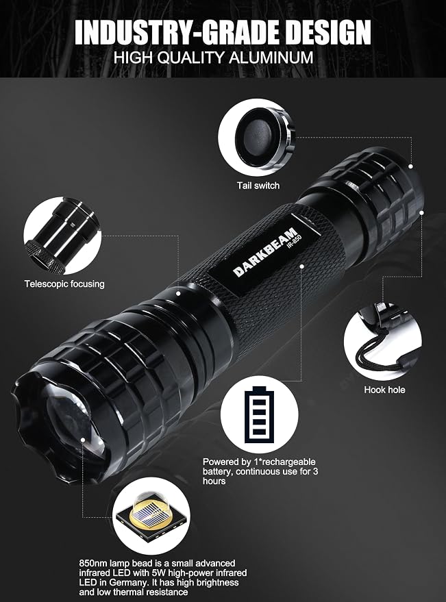 DARKBEAM ir Flashlight Infrared 850nm Lights LED Mini for Night Vision, Rechargeable Portable Tactical ir Illuminator Torch, Focus Adjustable for Hunting, Observation, Search