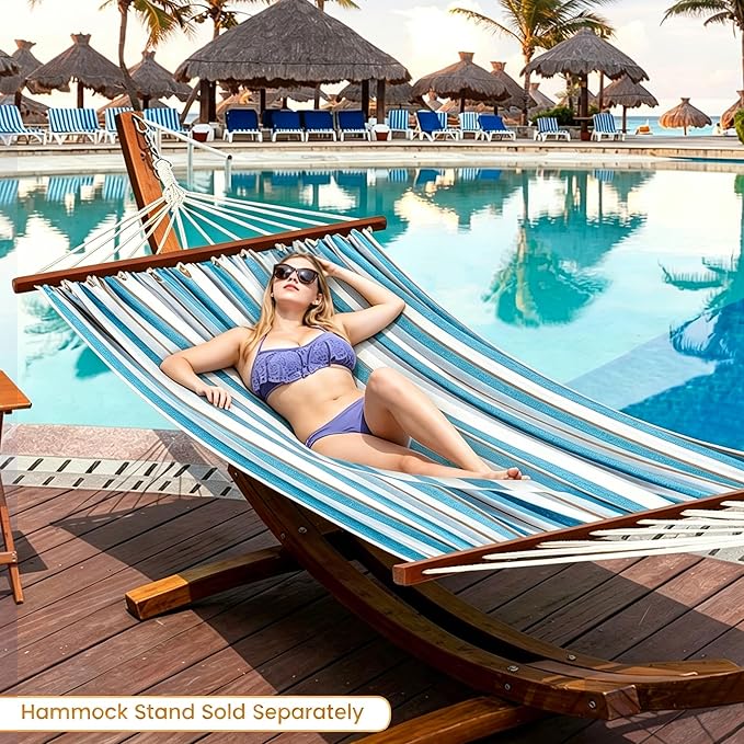 Lazy Daze Hammocks Cotton Fabric Double Hammock with 55" Spreader Bar, Portable Camping Hammock with Carrying Bag & Tree Straps for Patio, Backyard, Balcony, 450lbs Capacity, Blue & White