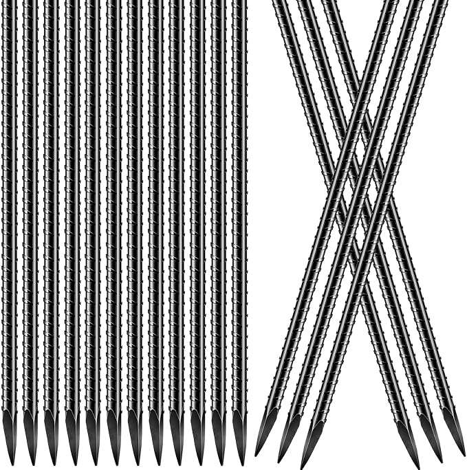 Jetec 12 Pcs 12 Inch Black Ground Rebar Stakes Heavy Duty Ground Anchors Steel Plant Support Garden Stake Long Straight Metal Spikes with Chisel Point End for Garden Concrete Plant Tent