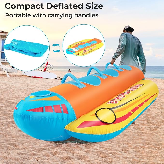 Towable Tubes for Boating, Inflatable Hot Dog Water Tube for Boat to Pull, Water Sports Banana Boat Tubes and Towables w/Double Stitched Nylon Cover, Padded Seat, Easy Grip Handles