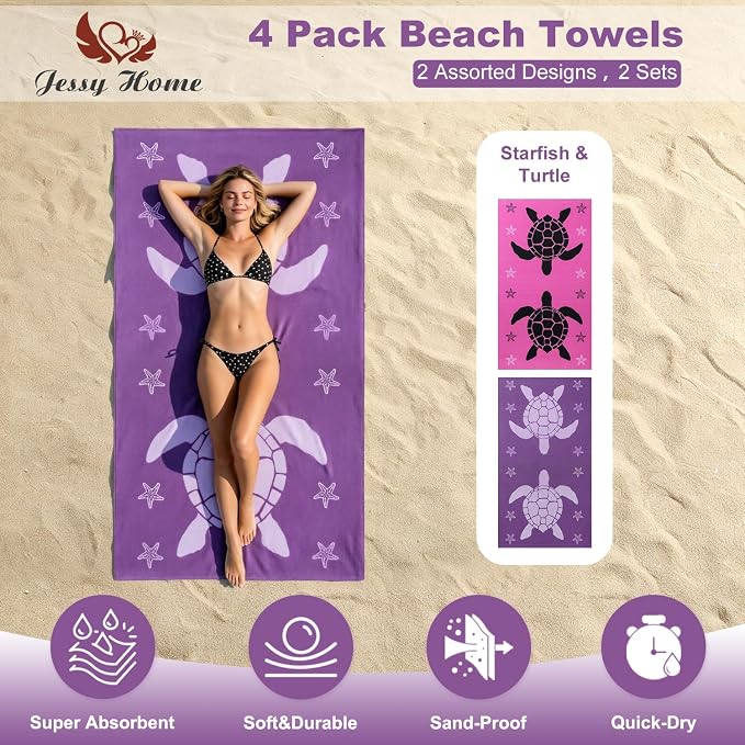 Jessy Home 4 Pcs Microfiber Beach Towel 40x70in, Sand-Free Quick-Dry Towel Set with Starfish & Sea Turtle Prints, Ultra Soft Absorbent Towel for Swimming, Beachwear & Pool Use