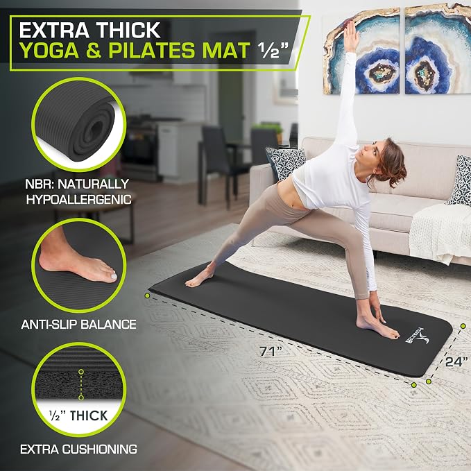 ProsourceFit Extra Thick Yoga and Pilates Mat 1/2” (13mm) or 1" (25mm), 71-inch Long High Density Exercise Mat with Comfort Foam and Carrying Strap