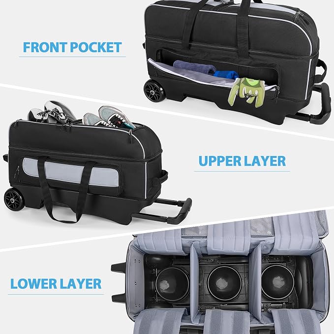 GOBUROS 3 Ball Roller Bowling Bag with Multi Accessory Pockets and Shoes Compartment, Fits 2 Pairs of Size 16 Shoes, 3 Ball Bowling Bags with Large Wheels and Retractable Handle Extends to 41.5"