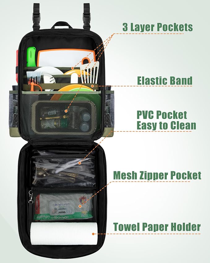 Marscamd Camp Kitchen Organizer Backpack with Paper Towel Holder, Hanging Camping Utensil Storage Bag with Multi Pockets for Camping Utensils, Barbecue Tool, Bag Only, Black