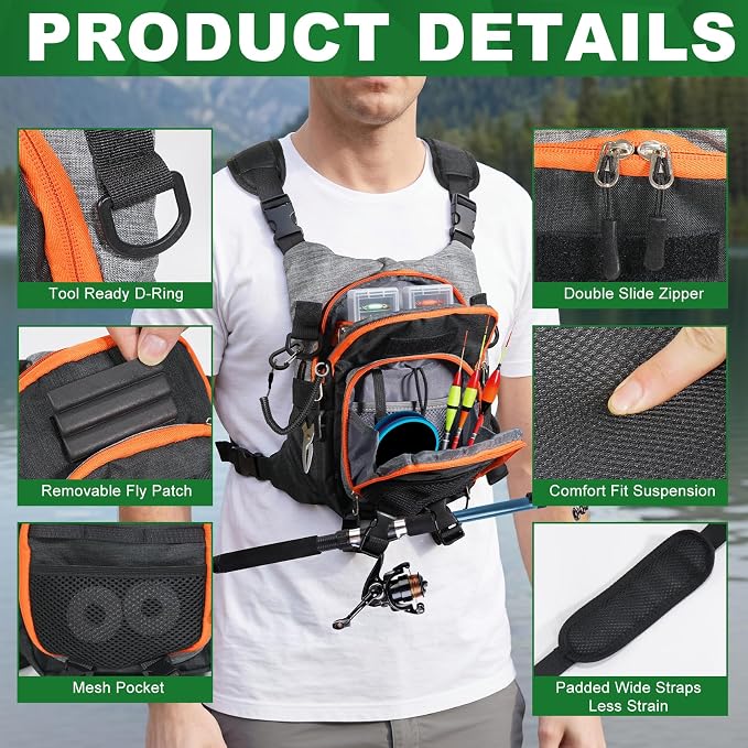 Fly Fishing Chest Pack with Workstation, Lightweight Adjustable | Holds Multiple Fly Boxes, Back Net Holder, 2 Removable Foam Fly Holders