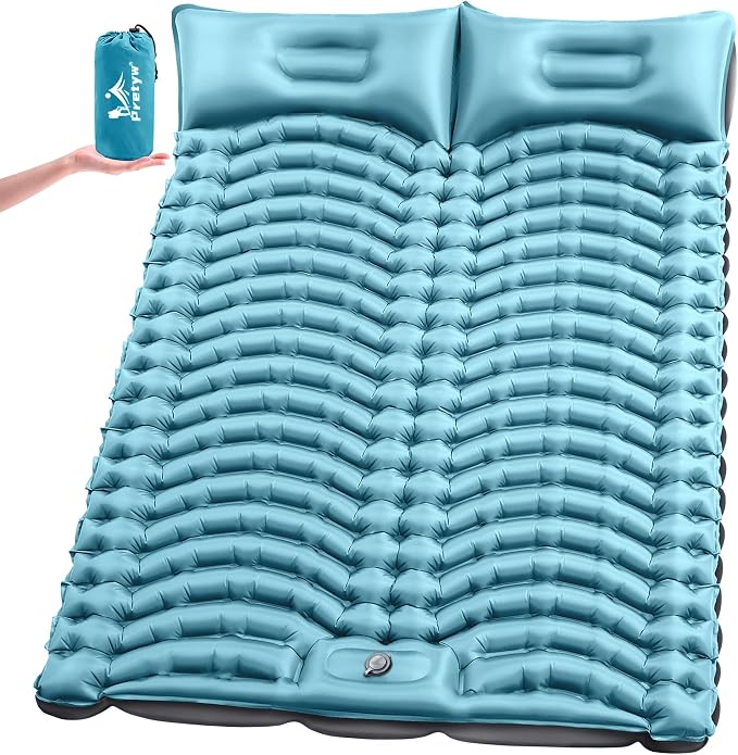 Double Sleeping Pad for Camping - Ultralight Camping Mattress with Pillow, Built-in Foot Pump, Compact Inflatable 2-Person Portable Mat for Backpacking, Hiking, Car Traveling, Beach, Tent