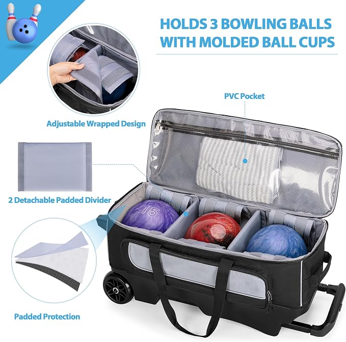 GOBUROS 3 Ball Roller Bowling Bag with Multi Accessory Pockets and Shoes Compartment, Fits 2 Pairs of Size 16 Shoes, 3 Ball Bowling Bags with Large Wheels and Retractable Handle Extends to 41.5"