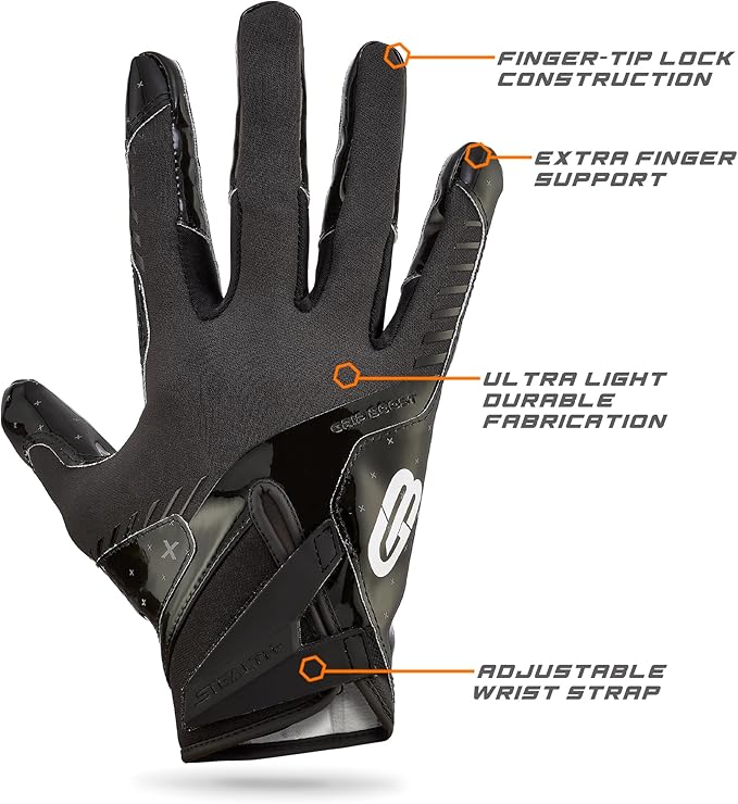 Grip Boost Football Gloves - Solid Stealth 6.0 Boost Plus Sticky Technology - Adult and Youth Football Gloves for Wide Receiver - Men's and Boys Sizes