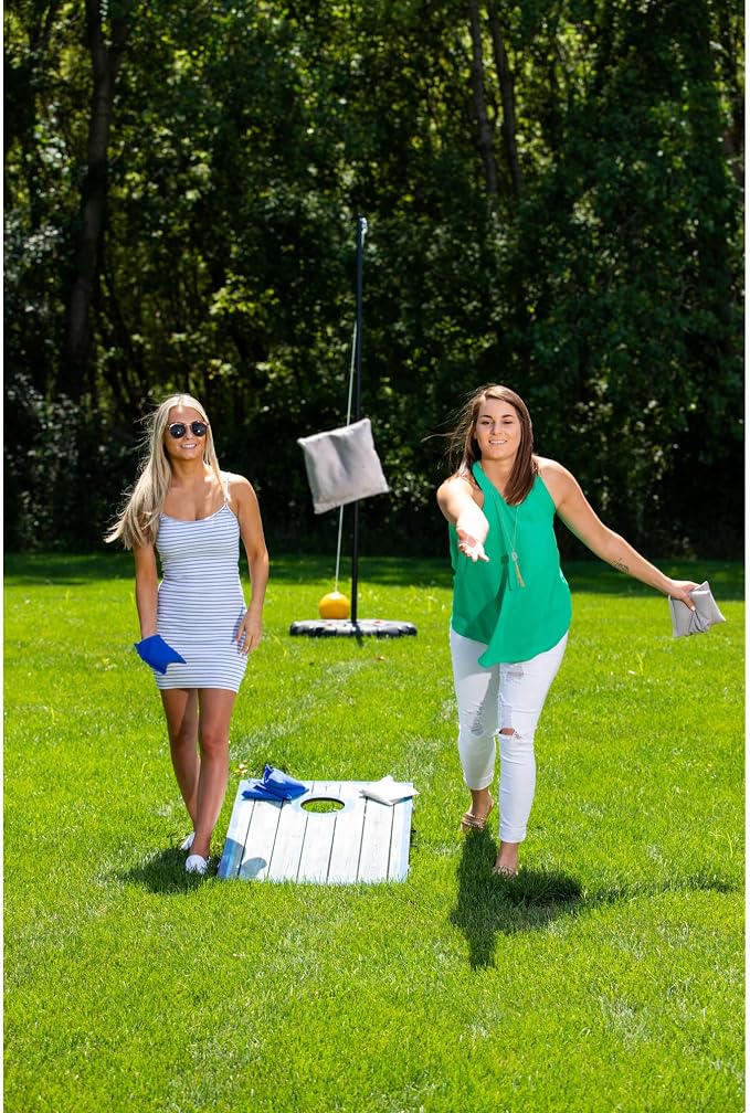 Hathaway Atlantic LED Cornhole Board Set – Includes 8 Rip-Resistant Bean Toss Bags & 2 Target Boards with Built-in Cornhole Lights & Nylon Carrying Bag for Portability – Blue/White