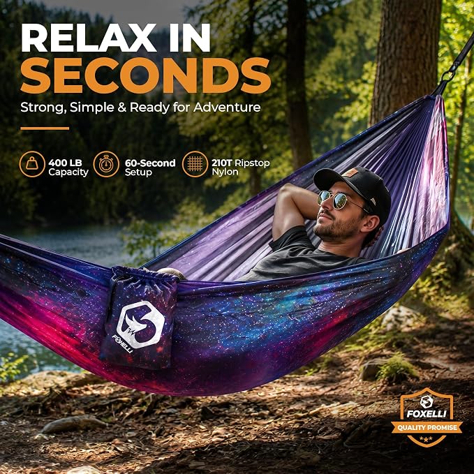 Foxelli Camping Hammock – Ultralight Hammock for Backpacking, Hiking, Festivals, Travel - Easy Setup with Tree-Friendly Ropes & Steel Carabiners, Heavy Duty Parachute Nylon