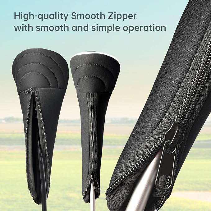 Golf Club Head Covers with Zipper - Balck Golf Club Covers for Woods and Driver Fairway Hybrids, Golf Accessories Headcovers Set