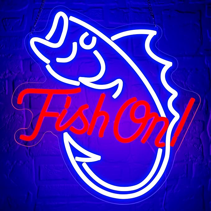 Fishing Neon Sign for Wall Decor Fishing Led Neon Light for Man Cave | Dimmable Neon,Fisherman Birthday Fishing Gifts,Led 5V USB Powered,Fishbowl,Fish Room Decor,Business Shop Wall Art,12.9*14.4in