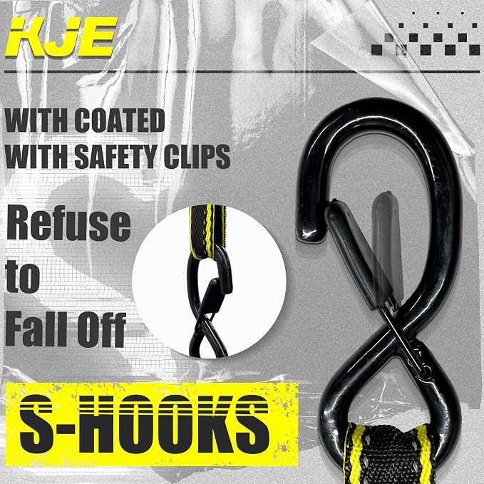 KJE Reflective Ratchet Straps, (4) 1" x 15' Tie Down Strap Sets + (4) Soft Loops, TPR Handles & Coated S Hook W/Safety Clip, 2100lb Break Strength, Cargo Strap for Motorcycle, ATV