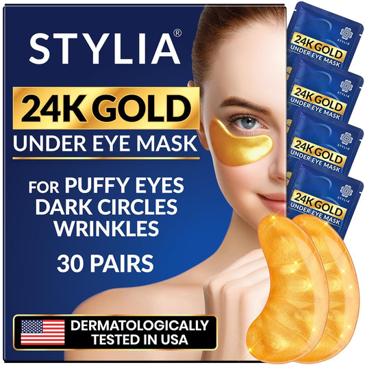 Stylia Under Eye Patches for Puffy Eyes and Dark Circles (30 Pairs) - 24k Gold Under Eye Mask with Vitamin C, Hyaluronic Acid, Pearl Extract - Eye Masks for Dark Circles and Puffiness
