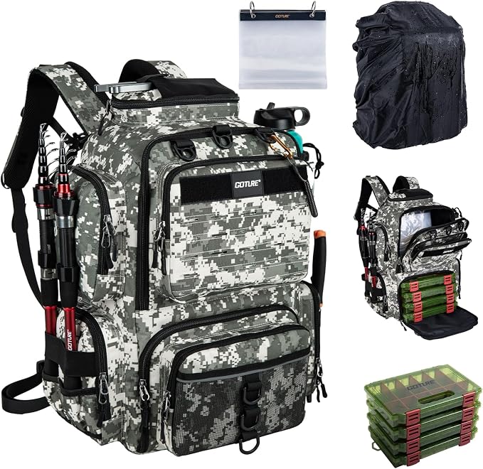 Goture Fishing Backpack with 4 Tackle Boxes,900D Water-Resistant Tackle Backpack with Rod Holders,SBS Zippers,45L Large Tackle Storage Gear Bag with Rain Cover,Bottle Holder for Travel Camping Hiking