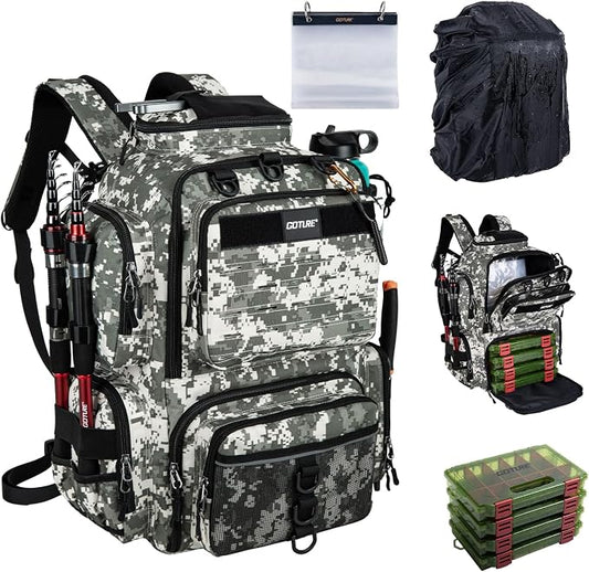 Goture Fishing Backpack with 4 Tackle Boxes,900D Water-Resistant Tackle Backpack with Rod Holders,SBS Zippers,45L Large Tackle Storage Gear Bag with Rain Cover,Bottle Holder for Travel Camping Hiking