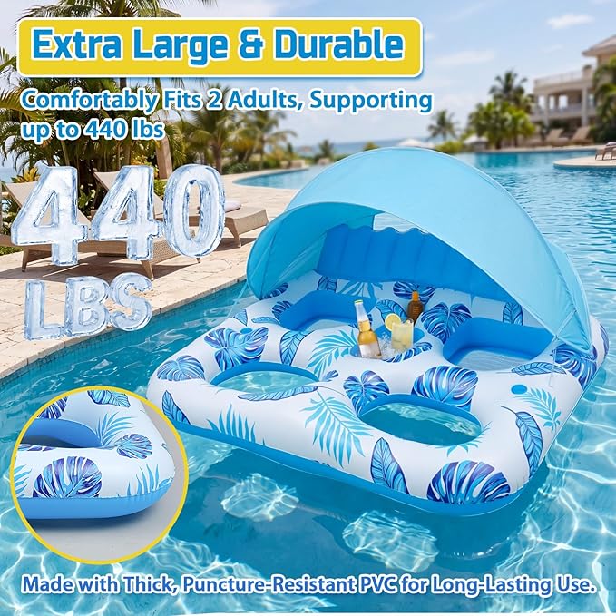 Chumia Pool Floats with Canopy for Adult, UPF50+ 1-2-3 Person Inflatable Floats with Sun Shade Backrest Footrest and Cup Holder Heavy Duty for Pool Lake River Beach Ocean Summer Party Supply