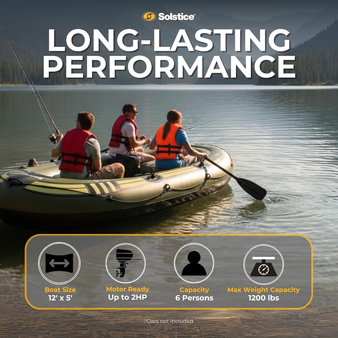 SOLSTICE Inflatable Boat for Lakes, Rivers & Beaches – Heavy-Duty Raft with Swivel Oar Locks, Rod Holders & Inflatable Seats – Outdoorsman, Fishing, 6-Person, Green, 12'
