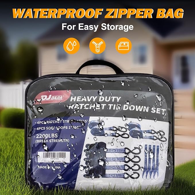 Motorcycle Tie Down Straps 1" x15' (4-Pack), Waterproof Carry Bag 2200lb Break Strength with Soft Loops & Coated S-Hooks for Truck, Trailer, ATV, UTV, Boat (Black)