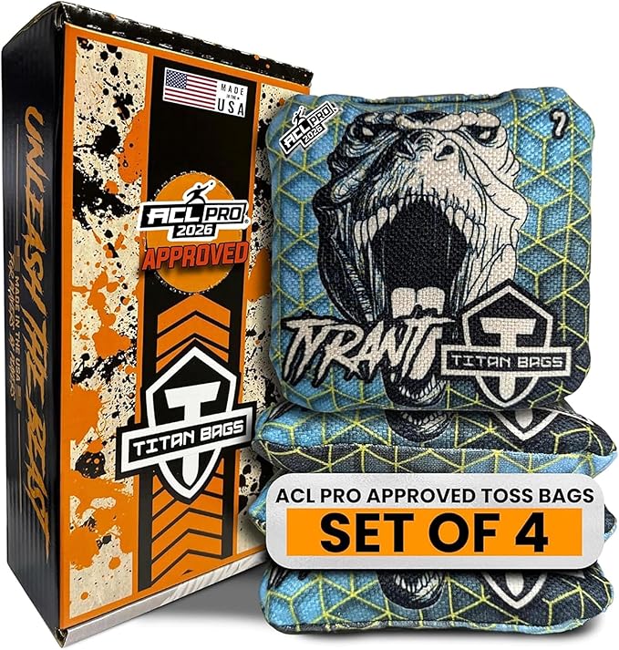 Titan Bags Tyrant Cornhole Bags – Regulation Cornhole Bean Bag with Linen Grip for Strategic Drag Shots, All-Weather Power Grip Pellets for Indoor and Outdoor Tossing