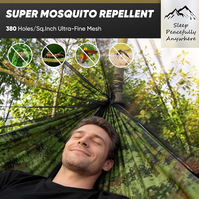 Camping Hammock with Mosquito Net, 500 lbs Portable Hammock with Tree Straps, 2-in-1 Double/Single Travel Hammock Tent for Outside/Indoor/Backpacking/Beach - Plaid Camouflage