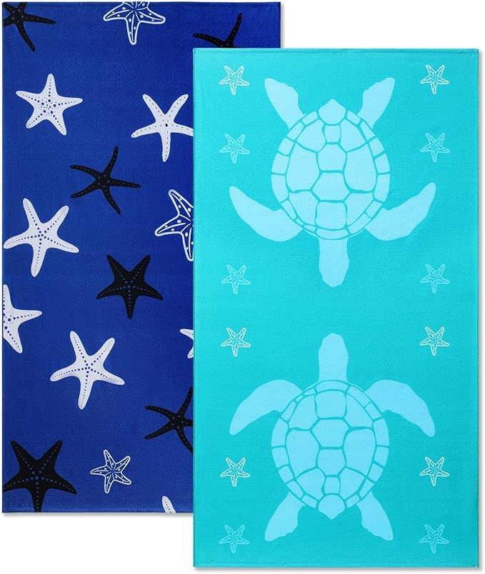 Oversized Beach Towels 4 Pack,40”x70” Microfiber Thin Large Beach Towel Set for Adults Travel Camping Swimming,Turtle Starfish Them Sand Free Quick Dry Lightweight XL Pool Towels -Blue & Green Pine