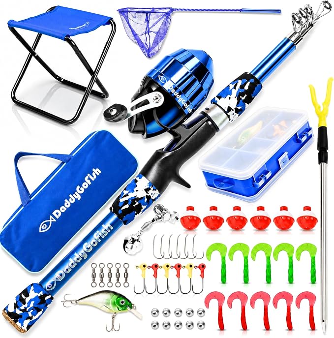 DaddyGoFish Kids Fishing Pole - Rod Reel Combo Tackle Box Starter Set - First Year Small Dock Gear Kit for Boys Girls Toddler Youth Age Beginner Little Children Junior Anglers