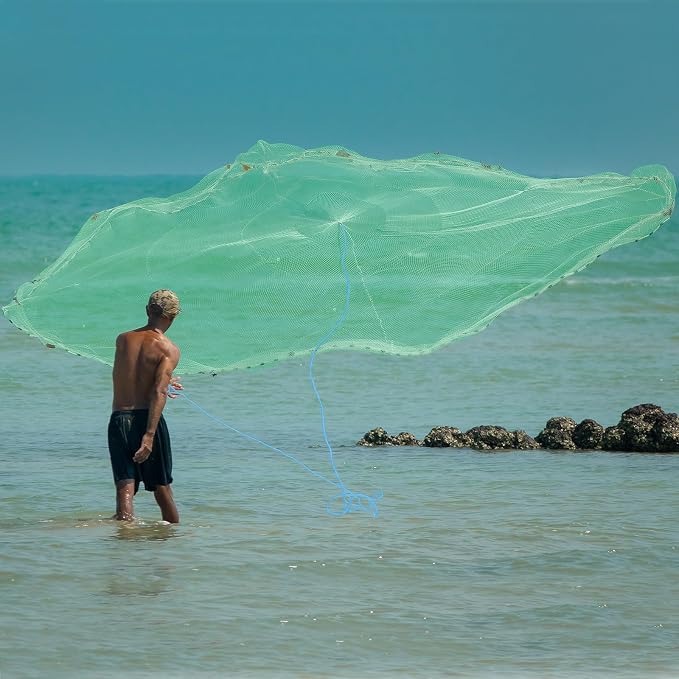 Saltwater Fishing Cast Net Eco-Friendly Rubber Sinker 1/2 Inches Mesh for Bait Shrimp Trap Fish Size 4FT/5FT/6FT/7FT/8FT/9FT/10FT/11FT/12FT Radius