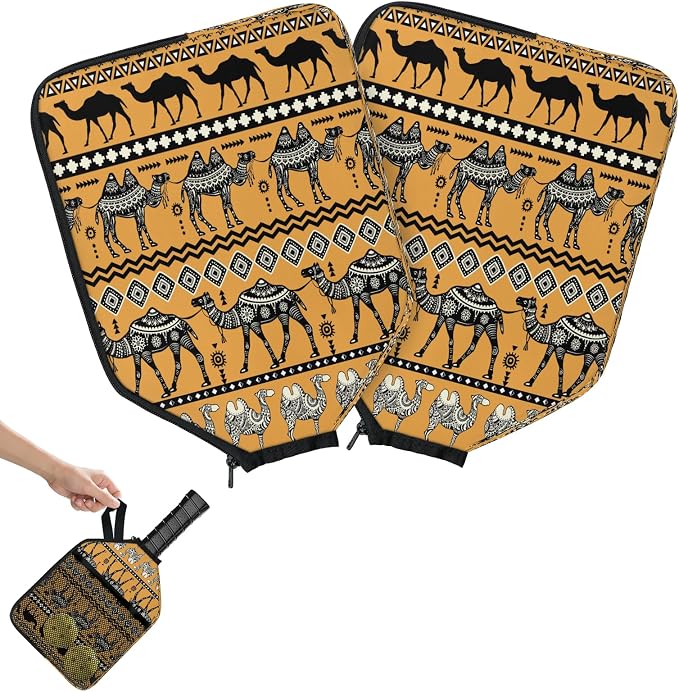 Vintage Camel Hand Painting Pickleball Paddle Cover Racket Sleeve Bag with Handle Strap Mesh Pocket 12.4 × 9.45 Inch Universal Fit for USAPA Standard Paddles for Outdoor Travel 2 PCS