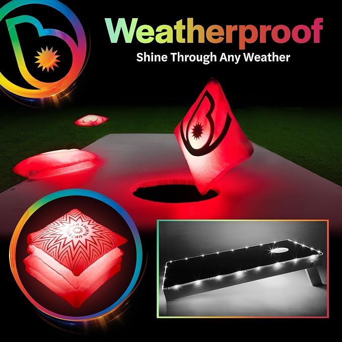Brightz Cornhole Board Edge Lights with LED Bags - Includes 4-Pack of LED Cornhole Bags + TossBrightz Cornhole Board Edge Lights - The Ultimate Night Time Cornhole Master Set