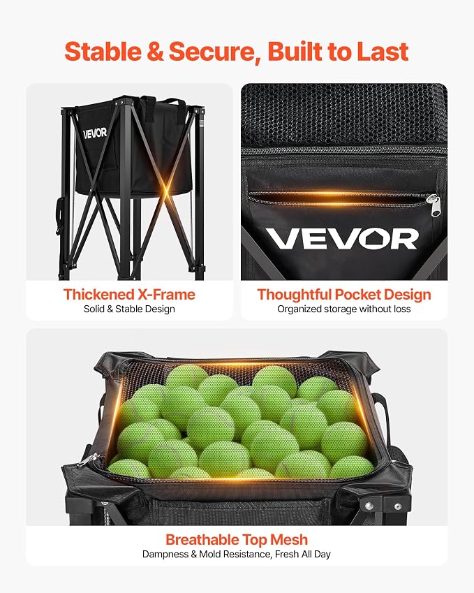 VEVOR Tennis & Pickleball Hopper Holds 200/175/150/120 Balls, 3-in-1 Tennis Foldable Pickleball Basket Cart for Easy Installation, Storage Bag for Tennis Training & Teaching