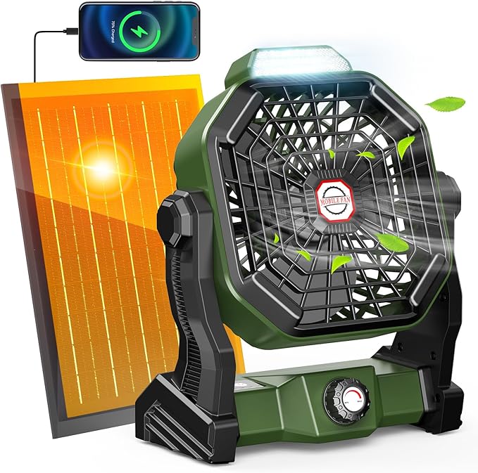 Solar Powered Fan,【Max 40H Runtime】Rechargeable Solar Camping Fans & Led Lantern,8-inch Portable Fan with Solar Panel,Battery Operated Powered Outdoor Tent Fans for Camping Essentials Accessories