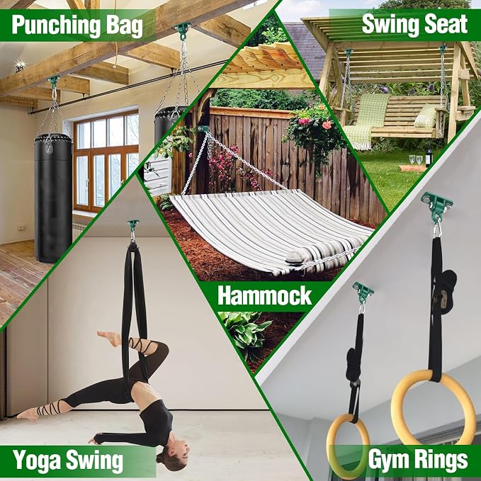 BETOOLL Heavy Duty Swing Hangers with Bearing, Porch Swing Hanging Kit for Outdoor Playground Tree Ceiling Mount Swingset Hardware Bracket Hooks for Hammock Yoga Punching Bag Accessories 4PCS Green