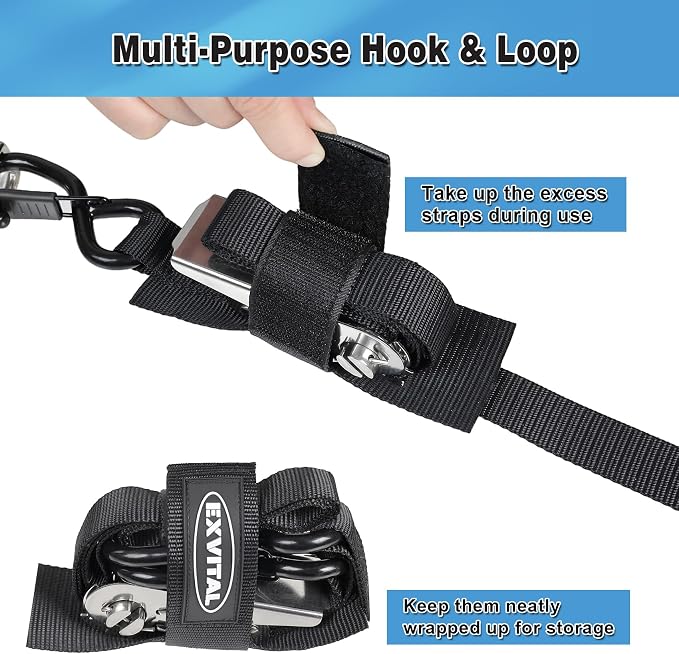 EXVITAL Boat tie Down Straps to Trailer 1"×4' transom Straps with Stainless Steel Ratchet Heavy Duty Adjustable Ratchet Straps for Boat Trailer 2400lbs Break Strength,Black 2 Pack