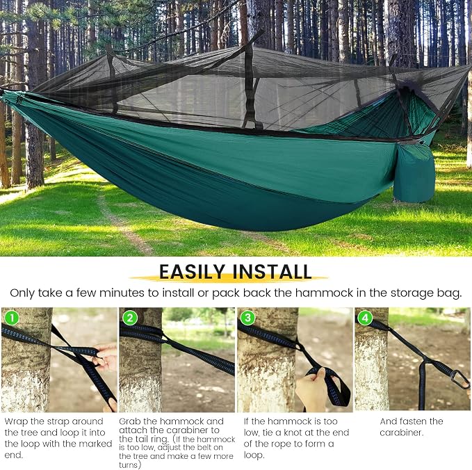 Camping Hammock with Mosquito Net & Rain Fly Tent Tarp & Tree Straps Portable Strong Nylon Hammock Parachute Tent w/Storage Bag for Camping Hiking Backyard Outdoor Backpacking Travel