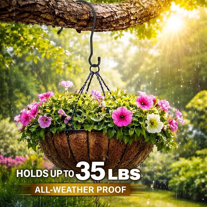 Therwen 4 Pcs 12 Inch Tree Branch S Hook Heavy Duty Extra Large 1/4" Steel Metal Outside Tree Hanger for Hanging Bird Feeder, Plant, Wind Chime, Lantern, Wreath, with Vinyl End Cap, 35 Lbs Capacity