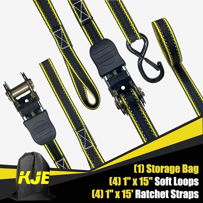 KJE Reflective Ratchet Straps, (4) 1" x 15' Tie Down Strap Sets + (4) Soft Loops, TPR Handles & Coated S Hook W/Safety Clip, 2100lb Break Strength, Cargo Strap for Motorcycle, ATV