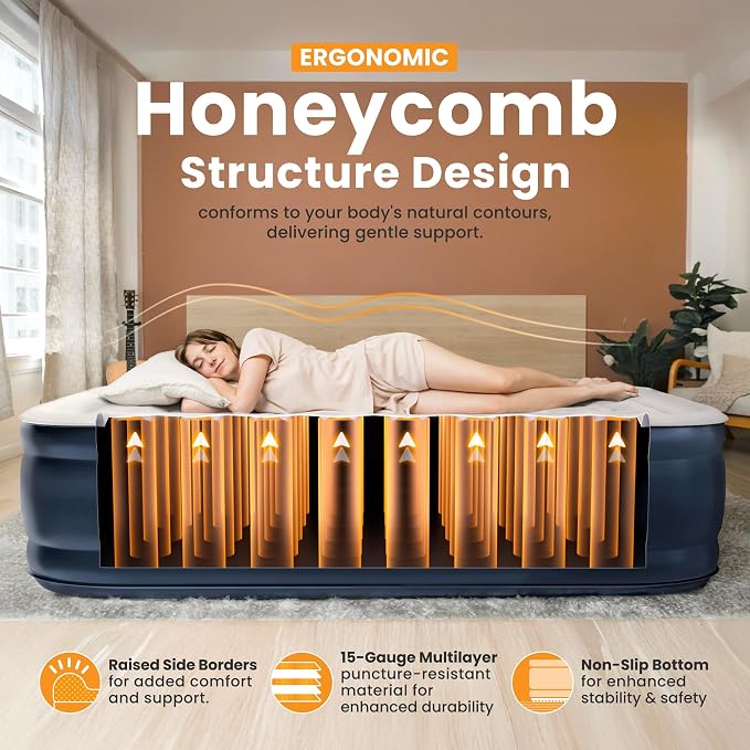 Dr. air Full Air Mattress, 18” Raised Inflatable Bed with Built-in Pump, Waterproof Velvety Top, Ergonomic Design, Reinforced Support, and Carry Bag for Home, Camping, and Guests