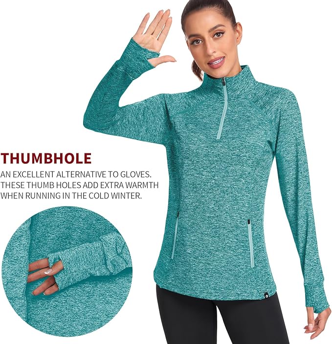 Soneven Women's Thermal Fleece Running Shirts Warm Winter Pullover Cold Weather Workout Hiking Tops with Thumb Holes Pockets