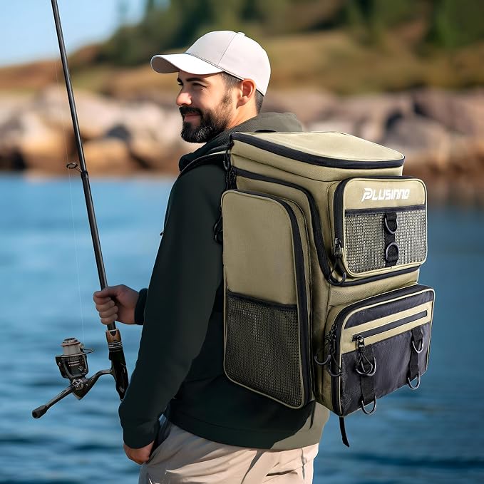 PLUSINNO Fishing Backpack with Rod Holders, 42L Large Water-Resistant Tackle Bag for Fishing, Camping, Hiking, Gifts - Khaki