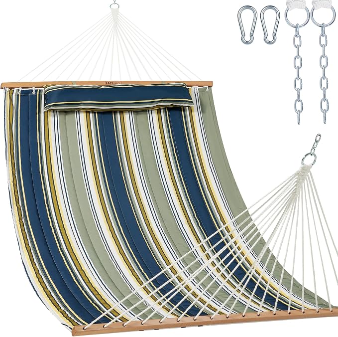 Lazy Daze Hammocks 12 FT Quilted Fabric Double Hammock with Spreader Bars and Detachable Pillow, 450lbs Weight Capacity