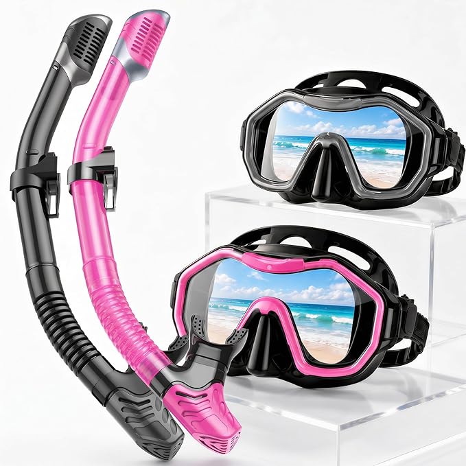Snorkeling Gear for Adults Kids, Dry-Top Snorkel Set, 180°Panoramic Wide View Diving Mask Breathing Freely Snorkel Mask for Snorkeling Scuba Diving Swimming Travel