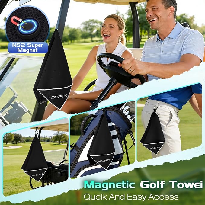 Magnetic Golf Towel with Brush & Cleaning Pocket, 4-in-1 Golf Cleaning Kit 3 Stage Cleaning System Golf Club Cleaning Kit, Microfiber Waffle Golf Accessories 15.7" X 23.6", Black