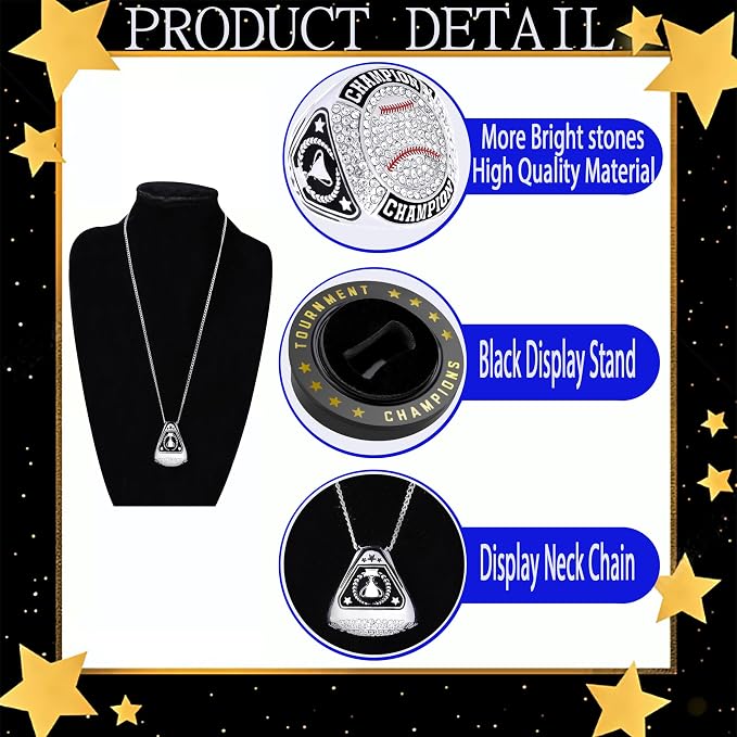 12 Pcs Baseball Ring Softball Baseball Championship Ring Sport Ball Trophy Award Gift with Display Neck Chain and Stand for Tournament or League Champion Winner