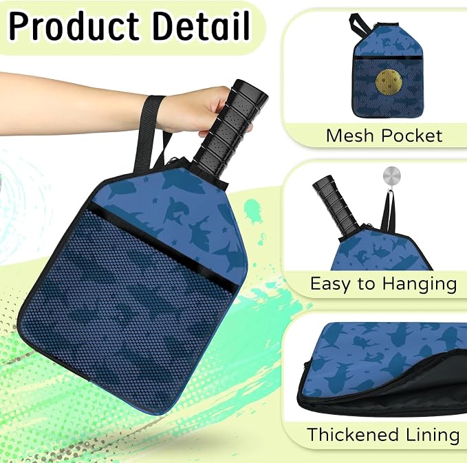 Polka Dot Shark Silhouette Blue Universal Pickleball Paddle Cover 12.4 × 9.45 inch Racket Sleeve with Handle Strap Mesh Pocket Fits USAPA Standard Widebody Paddles 2 PCS