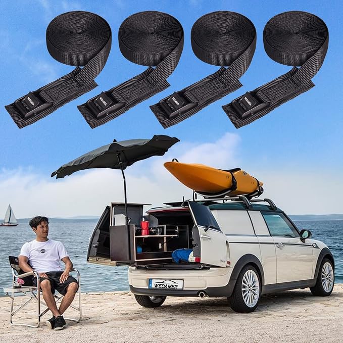 WEDAMER 4-Pack Kayak Tie Down Straps Heavy Duty Cam Buckle Tie Downs Adjustable for Trucks Motorcycles Boat RV - Ratchet Lashing Straps with Storage Bag, Roof Rack Trailer Cargo Securement 1" x16.4ft