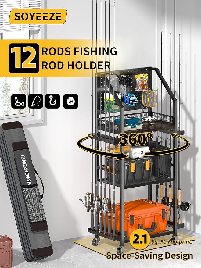 SOYEEZE Fishing Rod Holders for Garage, Fishing Pole Holders Up to 12 Rods with Pegboard and Hooks,Rolling Fishing Cart with Wheels, Fishing Gear Storage For Tackle Box & Reel Organization