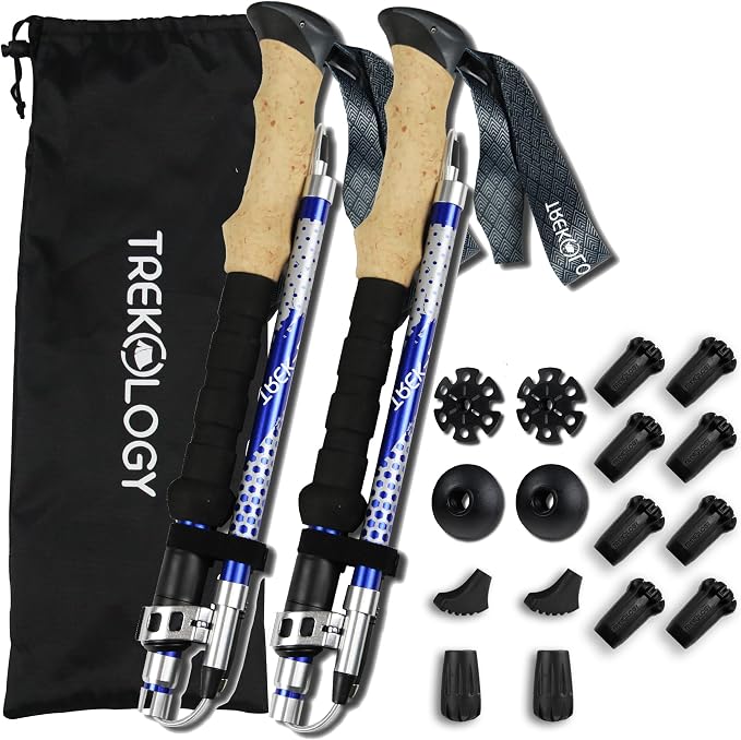 TREKOLOGY Trek-Z Collapsible Hiking & Trekking Poles -100cm-120cm (Blue) Adjustable Length - Bundle with 8 pcs of Rubber Pole Tip - Perfect Set for Hikers, Backpacker - Walking Stick for Camping
