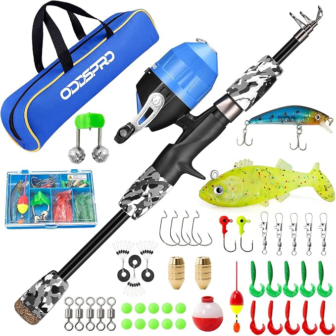 ODDSPRO Kids Fishing Pole - Portable Telescopic Kids Fishing Rod and Reel Combo Kit - with Spincast Fishing Reel Tackle Box for Girls, Youth