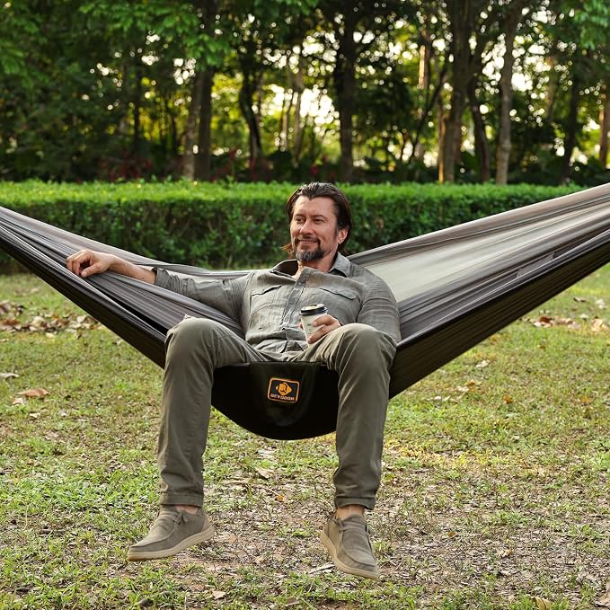 Camping Hammock with Mosquito Net,Lightweight 210T Nylon Hammocks,Portable Hammock with 10ft Tree Straps,Camping Gear Must Haves for Travel Hiking Backpacking Beach Patio-Black&Grey